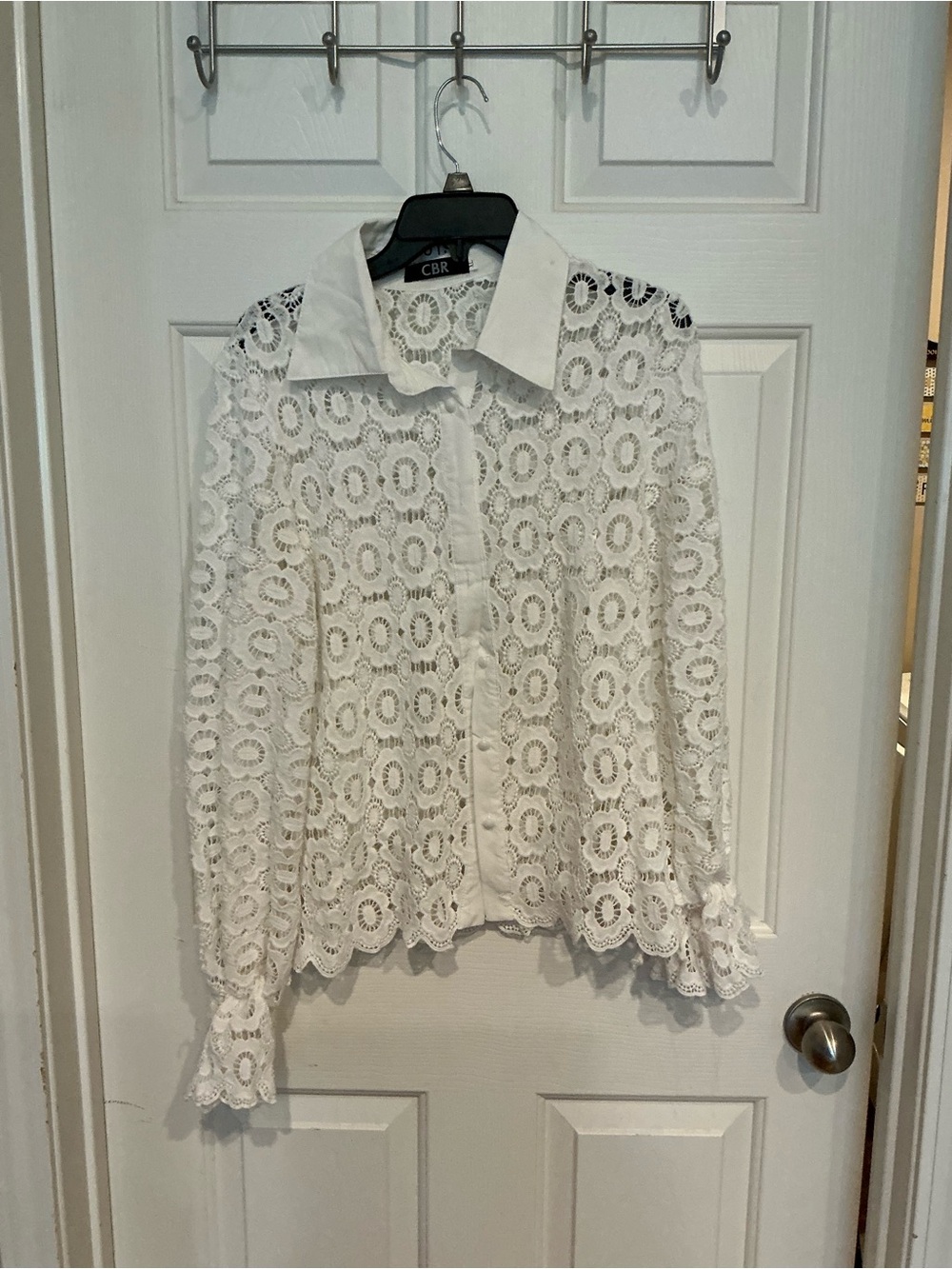 CBR White Lace Button-Up Blouse with Scalloped Hem